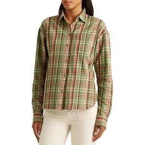 Lauren Ralph Lauren Plaid Cotton Shirt Green Pink Button Up Long Sleeve Sz XXS